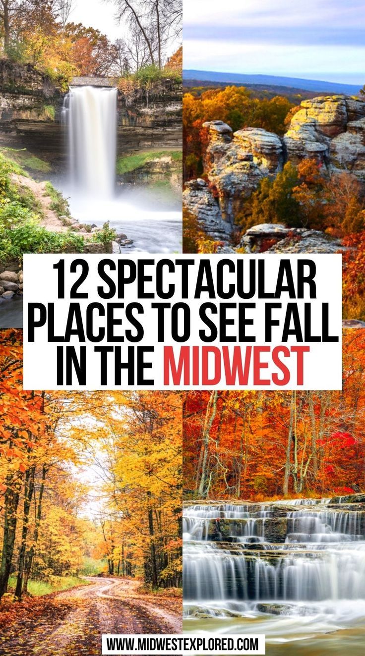 fall foliage and waterfalls with text overlay that reads 12 spectacular places to see fall in the midwest