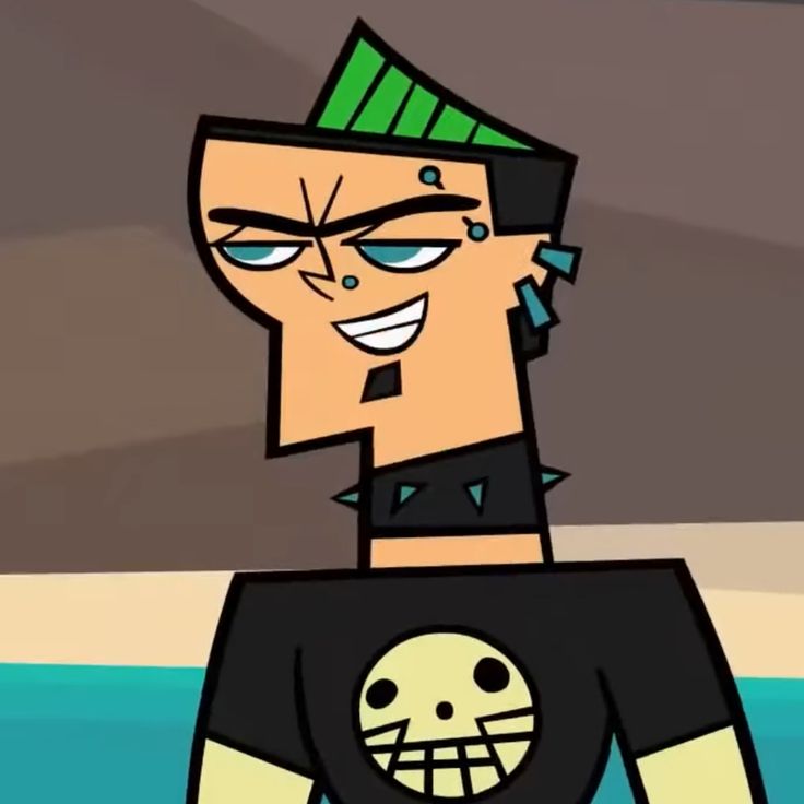 a cartoon character with green hair and blue eyes