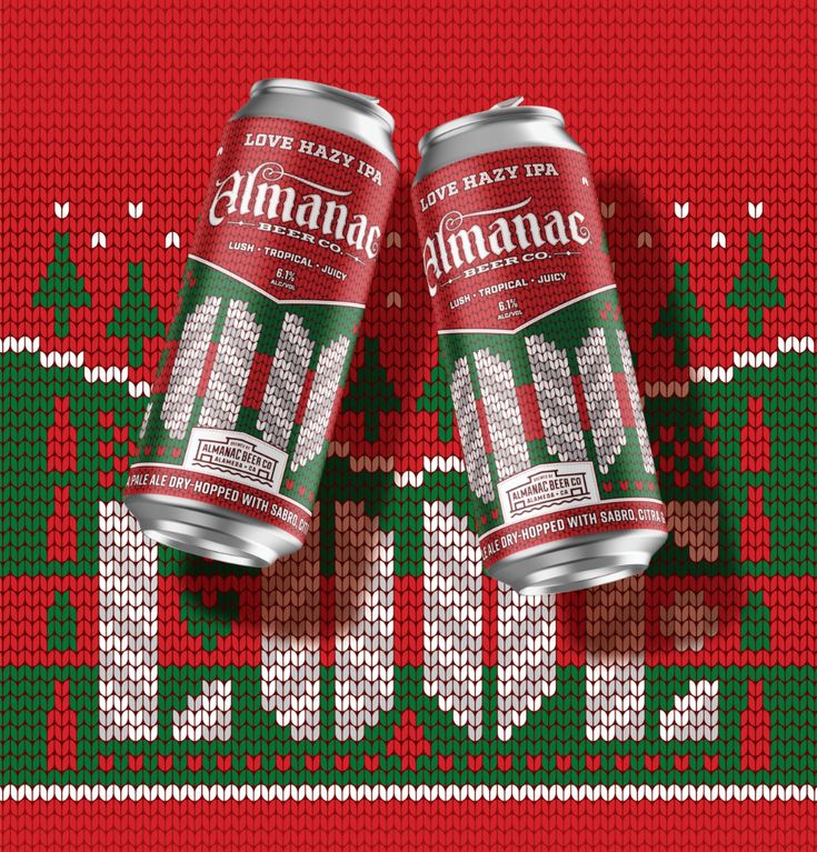 two cans of beer sitting next to each other on a christmas themed background with the words amana made out of knitted material