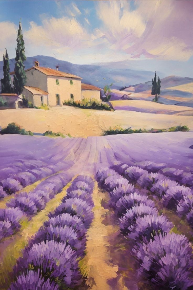 a painting of a lavender field with a house in the distance