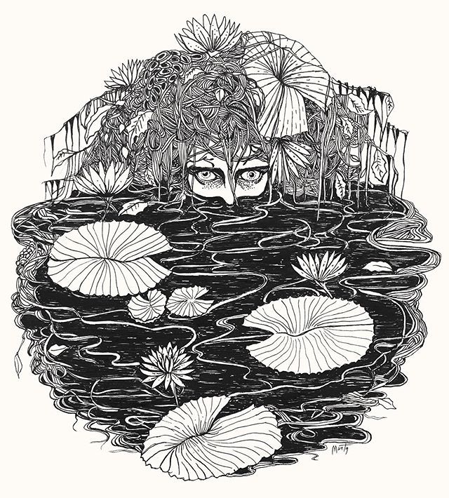 a black and white drawing of water lilies with leaves floating on the surface in front of them