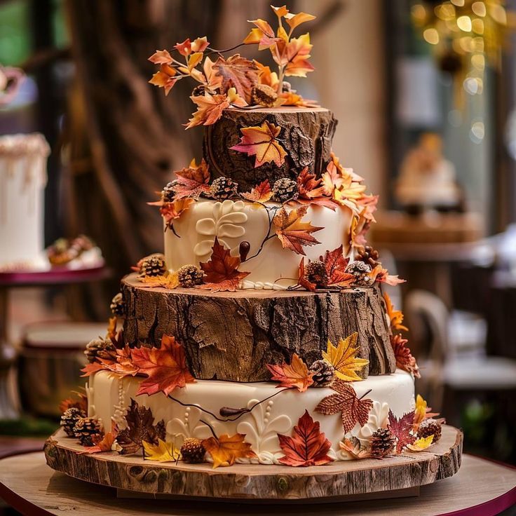 a three tiered wedding cake decorated with fall leaves