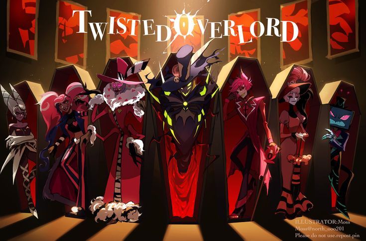 an animated video game with several characters standing in front of red and yellow banners that read twisted over lord