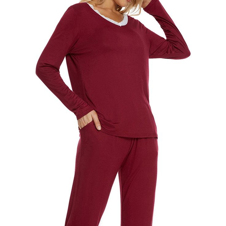 Great for loungewear, nightwear, sleepwear, home bedroom, daily wear. This loungewear pajamas stes for women is constructed of v-neck with lace, pants with elastic waist, make it convenient to take on/off, keep you pretty and comfortable all day. Featuring solid color,stretchy fabric and palazzo pants design, soft and comfortable make you feel cozy all night, enjoy a comfortable sleep and sweet dream. No matter the cozy bedtime, casual home relax, laze afternoon, comfy bath, the soft and lightwe Red V-neck Sleepwear For Loungewear, Casual Red V-neck Sleepwear, Red Long Sleeve Sleepwear For Lounging, Red Long Sleeve Lounging Sleepwear, Comfortable Red Sleepwear For Loungewear, Solid V-neck Sleepwear, Solid Color V-neck Sleepwear For Lounging, Solid V-neck Sleepwear For Loungewear, Womens Lounge