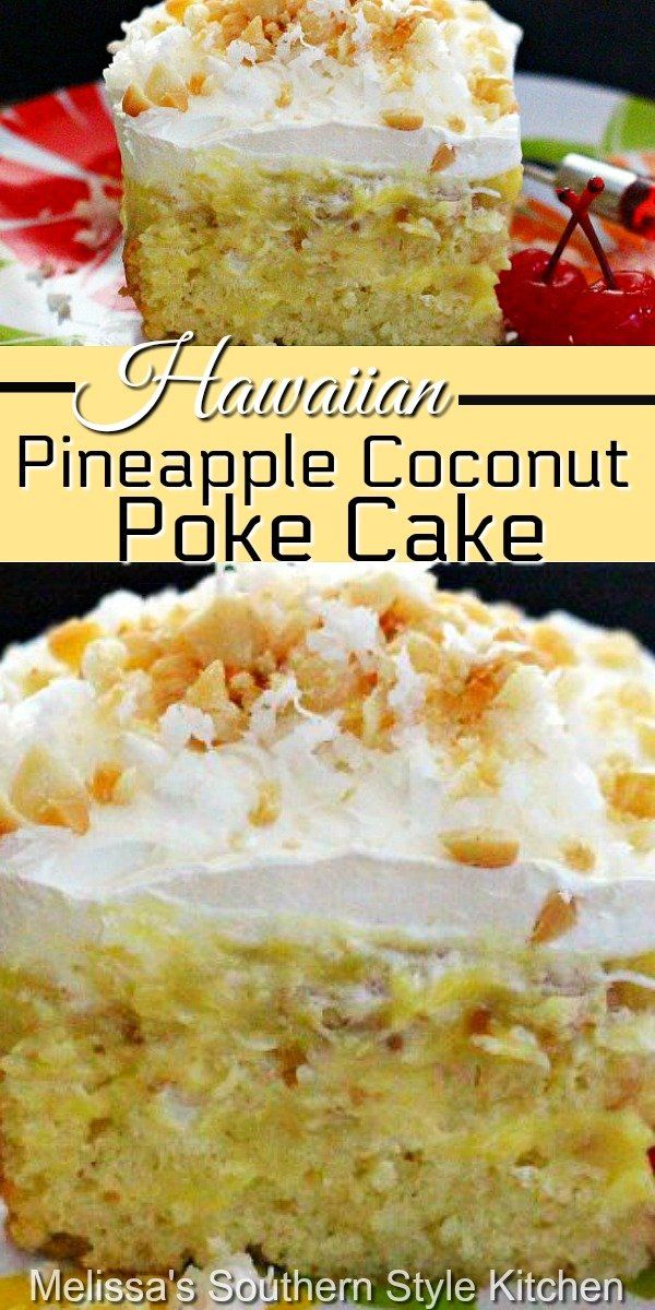 a piece of pineapple coconut poke cake on a plate