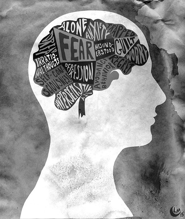 a black and white drawing of a person's head with words all over it