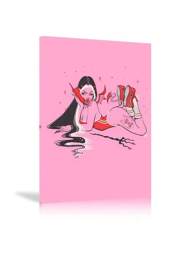 a pink greeting card with an image of a woman laying on the ground and wearing red shoes