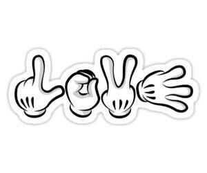 three cartoon hands making the word love in black and white ink on a white background