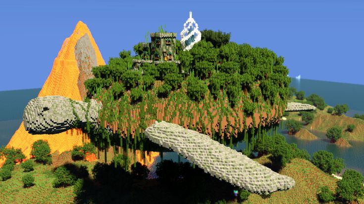 an island made out of trees and rocks with a house on top in the background