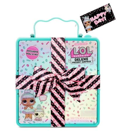 Get ready to par-tay with L.O.L. Surprise! Deluxe Present Surprise! Unbox the perfect gift including a a limited edition Sprinkles doll and her pet, Sprin-claws. Each package comes already wrapped in a fabulous gift package with a bow and tag. Drop the included fizz in water for a fizzy surprise to reveal a party cake. Inside, find the limited edition doll and pet. Cake doubles as storage and doll stand. Unbox fashions and accessories hidden in confetti and sand surprises. Bathe your doll and pet for a surprise color change. Also includes party accessories for your doll, including party banner, party game and party invitation. 2 styles to collect.LOL Surprise collectible dolls with stylish hair, fun to dress outfits and many detailed accessory pieces make a perfect toy and playset for kids Wooden Puzzle Box, Lol Doll, Birthday Presents For Girls, Cake Shapes, Little Tikes, Party Toys, Kids Toy Gifts, Colorful Accessories, Gift Box Packaging