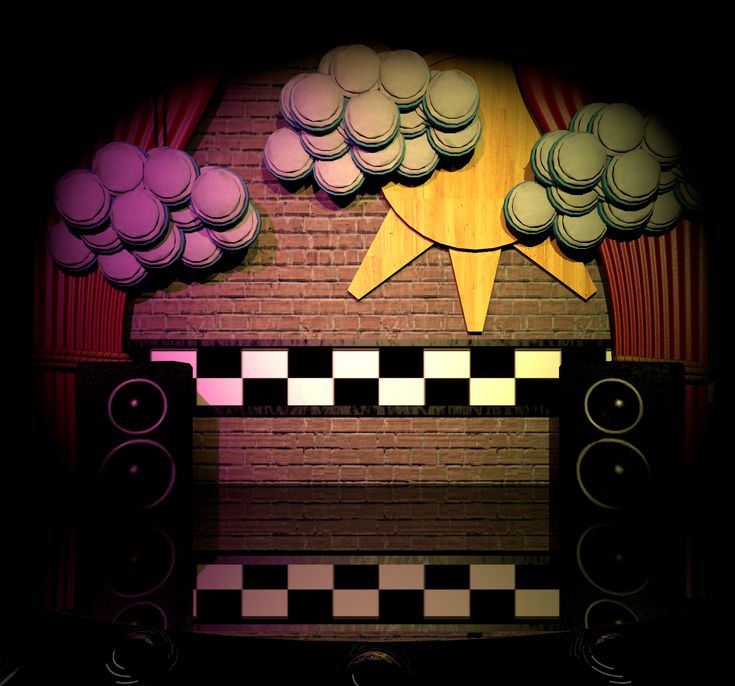 an image of a stage set with curtains and stars on the top, in front of a brick wall