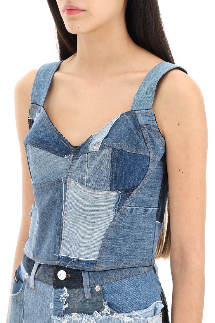 70% Cotton, 26% Polyester, 4% Elastane Denim Bustier Top, Denim Bustier, Denim Crop Top, Feminine Chic, Patchwork Denim, Stefano Gabbana, Upcycle Jeans, Denim Patchwork, Bustier Top