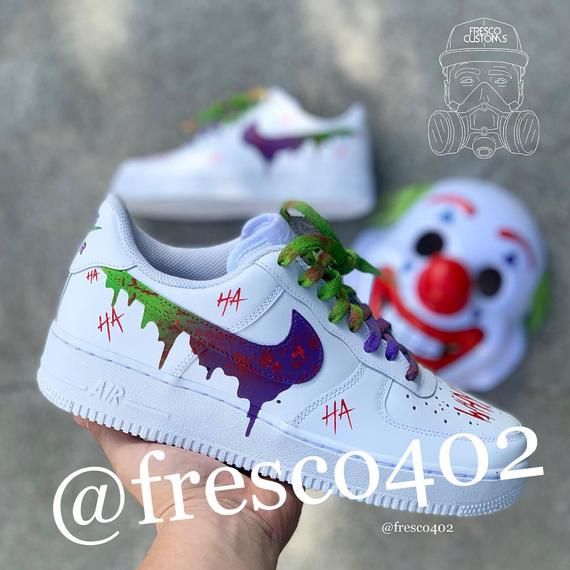 TURN AROUND TIME 8 WEEKS. All customs are made to order with free shipping. Nike Af1's are supplied and are 100% authentic. All my customs are wearable. My custom process consist of shoe prep, hand paint/airbrush, and a clear coat. No international orders at this time. US only. No refunds, only order cancelations are acceptable. Sizes are listed as US MENS. Any questions about sizes or shipping, email me @ midwestfresco@gmail.com , Follow my Instagram @fresco402 for more content. Joker Air Force 1, Barney Costume, Joker Custom, Custom Nike Air Force 1, Custom Sneakers Diy, Custom Nike Air Force, Custom Jordans, Custom Shoes Diy, Nike Air Force 1s