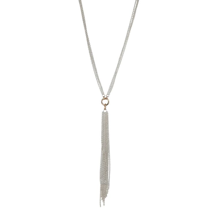 "The Jessie" Mixed 14 Karat Yellow Gold & Sterling Silver Fringe Lariat Necklace. Necklace measures 15" from clasp to central ring detail with a 3" lariat style drop. Features toggle clasp closure.