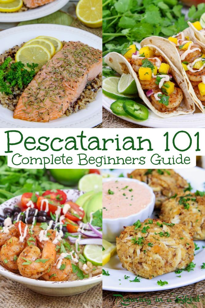 the cover of pescatarian 101 complete beginner's guide with pictures of different foods