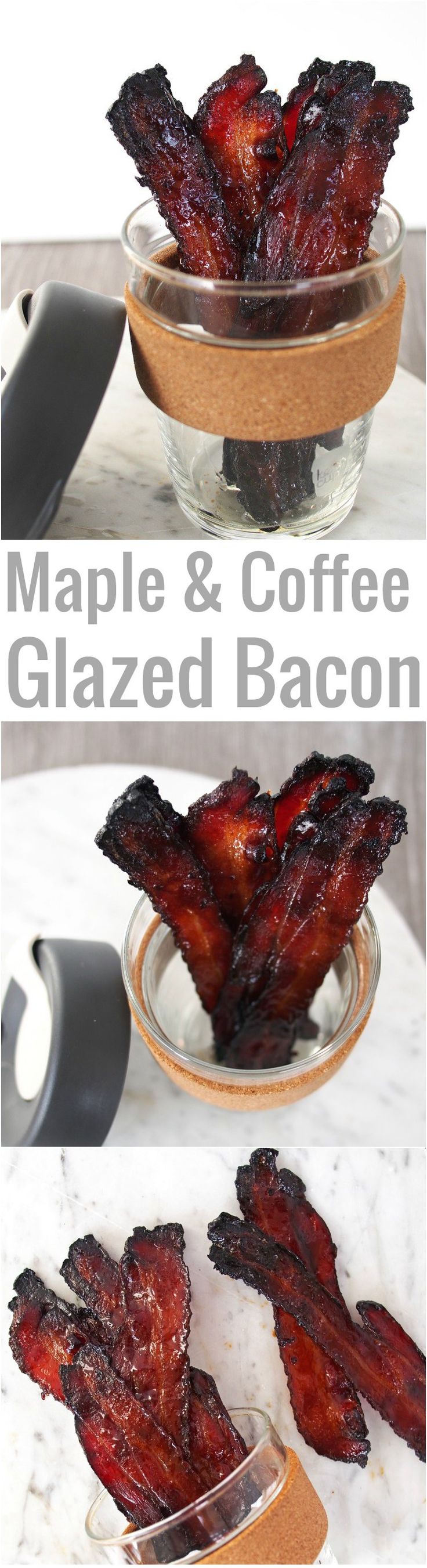 some bacon is in a glass bowl on a table with the words maple and coffee glazed bacon