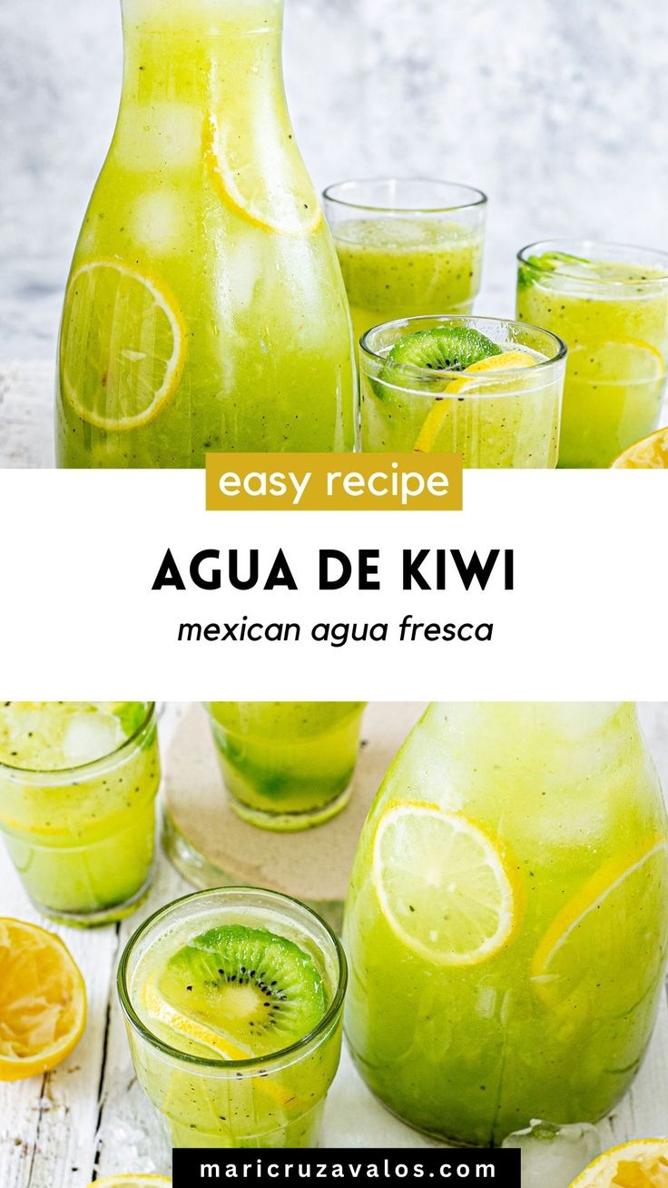 collage of agua de kiwi with text overlay Kiwi Agua Fresca, Kiwi Drink Recipes, Aguas Frescas Mexicanas Recipes, Mexican Aguas Frescas, Kiwi Lemonade Recipe, Kiwi Juice Recipe, Kiwi Refresher, Aquas Frescas, Kiwi Syrup