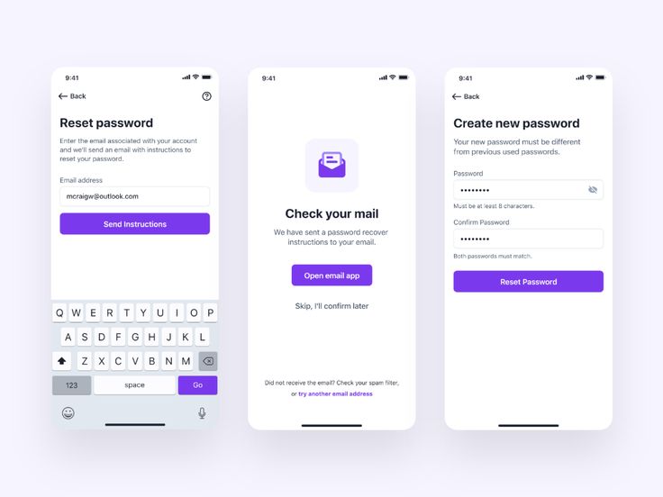 three screens showing the login and check in options on their smartphones, one is purple