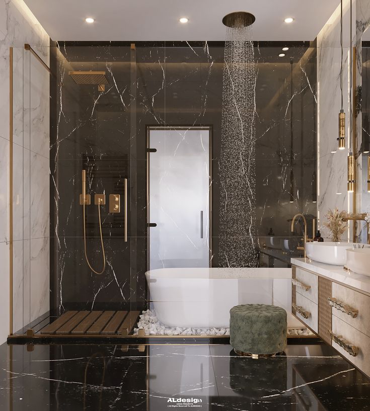 an elegant bathroom with marble floors and walls, along with a white tub in the center