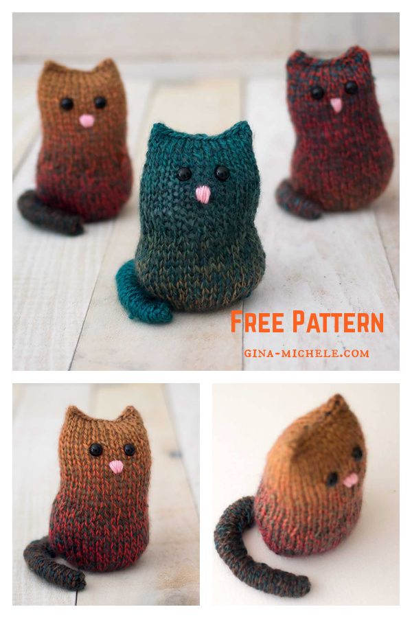 three pictures of cats made out of knitted yarn, one with pink nose and the other with green eyes