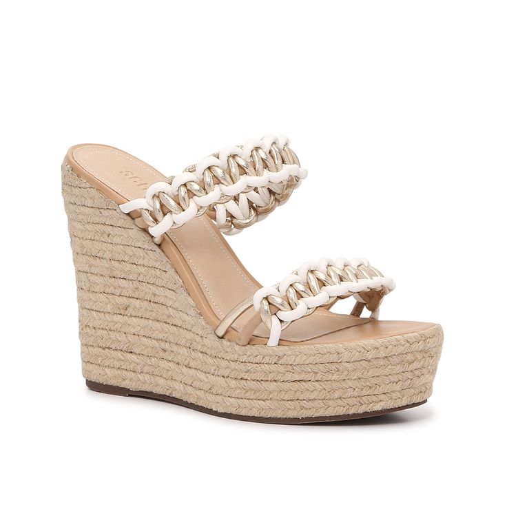 Schutz-Juliet Sandal Elevate your casual looks or finish off formal 'fits with the Juliet sandal from Schutz. Featuring the silhouette of a classic wedge, this pair features an elegant double strap design that is crafted with interlocking goldtone details. Perfect for styling with paperbag shorts or a sweet sundresses.