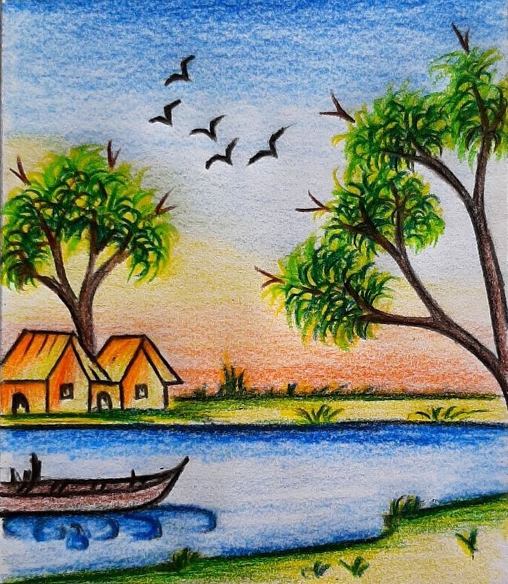 a drawing of a boat on the water with trees and birds flying around it in the sky