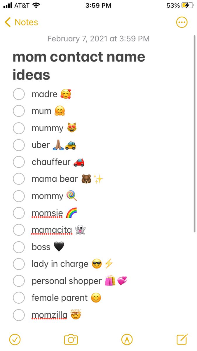 an iphone screen with the text'mom contact name ideas'and emoticions