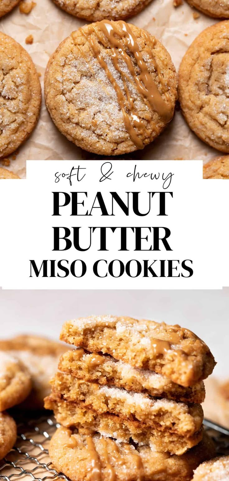 soft and chewy peanut butter miso cookies on a cooling rack with the title text overlay