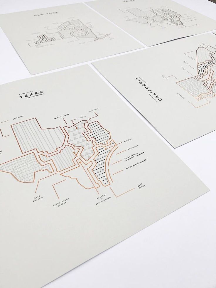 four maps are displayed on a table with white paper and orange marker markers in the middle