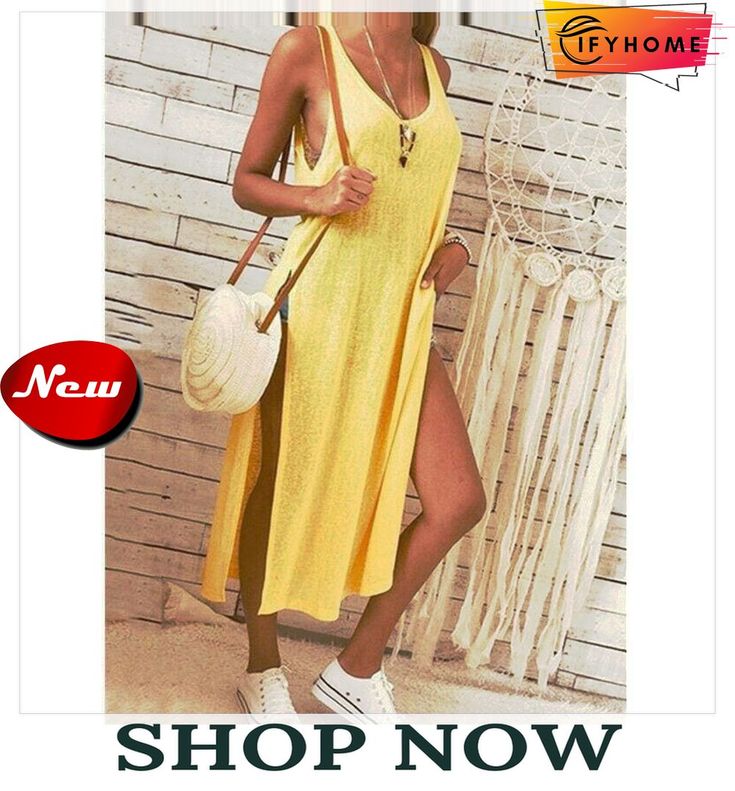 Summer Women's Solid Color Split Sleeveless V-neck Loose Casual Party Bohemian Dress Holiday Beach Sundress Summer Holiday Style, Prom Dresses Boho, Beach Sundress, Sundress Summer, Solid Tank Tops, Holiday Beach, Split Dress, Swimsuit Dress, Prom Dresses Long With Sleeves