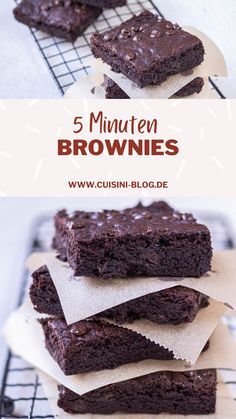 chocolate brownies stacked on top of each other with the words 5 minute brownies