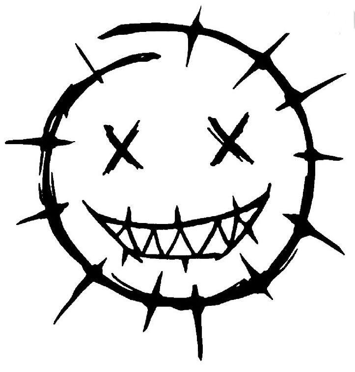 a black and white drawing of a smiling face with spikes on it's head