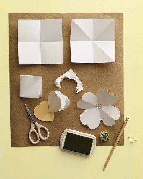 paper, scissors and other crafting supplies laid out on a piece of brown paper