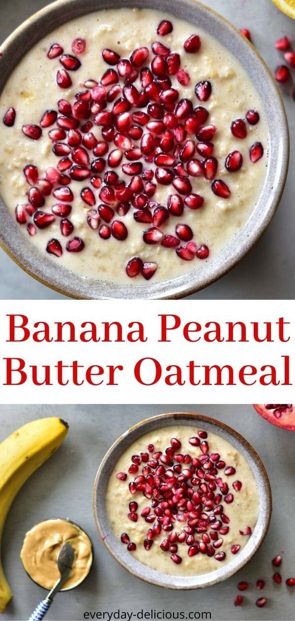 banana peanut butter oatmeal with pomegranates in a bowl