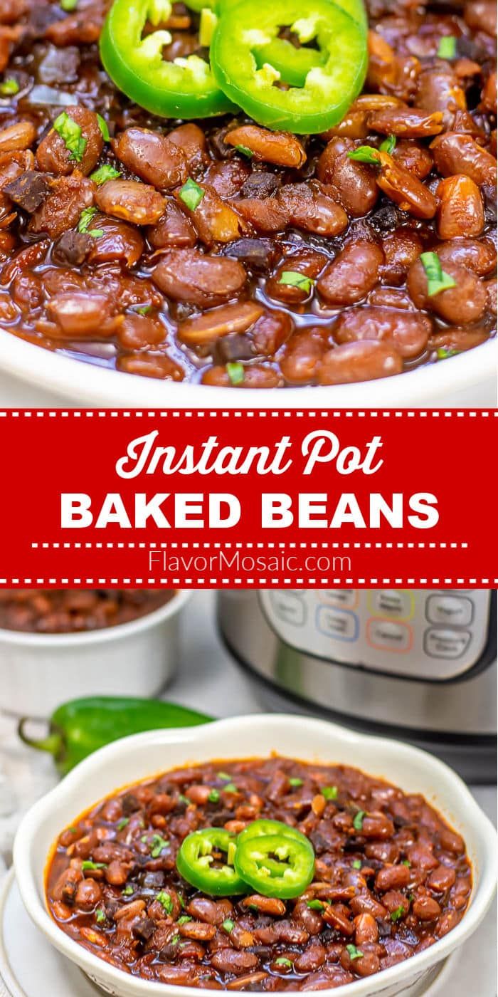 instant pot baked beans in a white bowl with green peppers