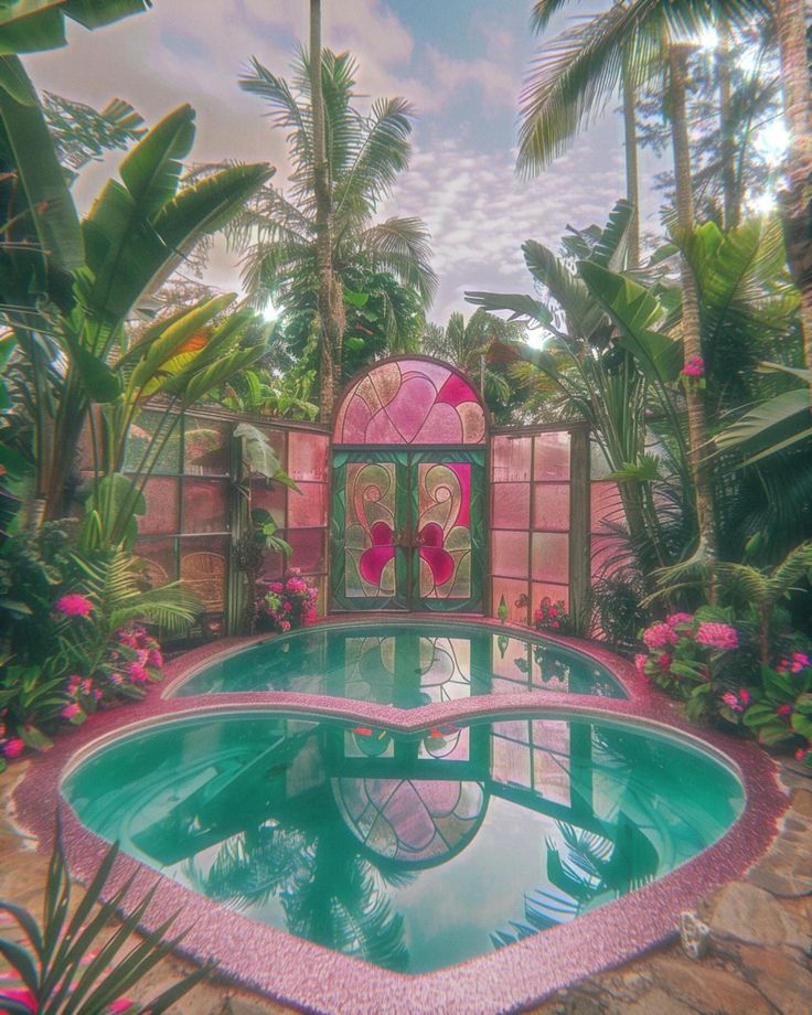 a pool surrounded by palm trees and flowers