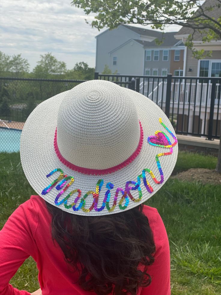 THIS LISTING IS FOR YOUR PERSONALIZED STRAW SUMMER BEACH FLOPPY HAT WRITTEN ON COLOR SEQUINS FOR BABIES, TODDLERS, GIRLS AND TEENS To see all the listings for items in my store, you can click below: https://etsy.me/2wfDgp4 🏝HOW TO ORDER🏝 ⛱Choose Hat color And Trim Type ⛱Date needed by (IF ANY) ⛱Personalization wording details. I will write the hat with the exact spelling and capitalization you have provided, so please triple check your selections and text before placing an order. You are more Vacation Bucket Hat One Size Fits Most, Adjustable Short Brim Hat For Pool, Playful Summer Party Hat, Adjustable Casual Hats For Holiday, Cute Multicolor Brimmed Hat, Cute Multicolor Curved Brim Hat, Fun White Hats For Beach Season, Fun White Hat For Beach Season, Fun Short Brim Straw Hat For Beach