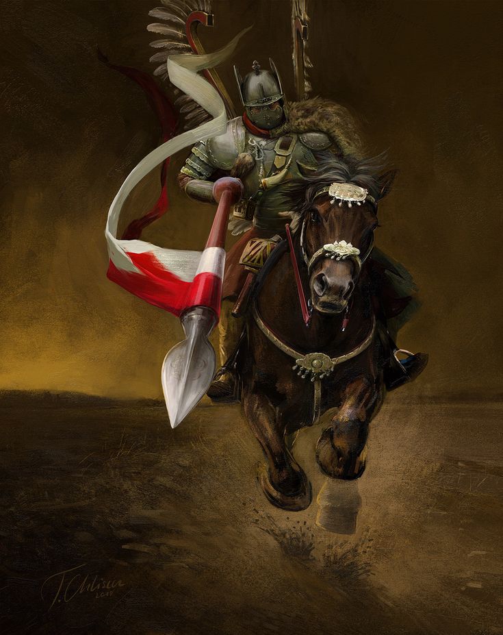 a man riding on the back of a brown horse next to a white and red flag