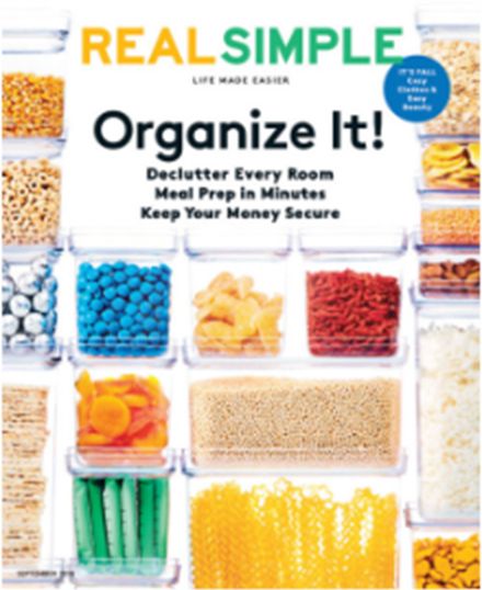 the cover of real simple magazine with lots of food in plastic containers and cereals