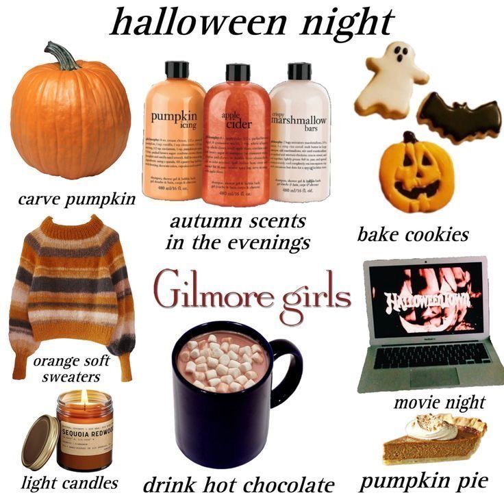 there are many different halloween items on this page, including pumpkins and hot chocolate