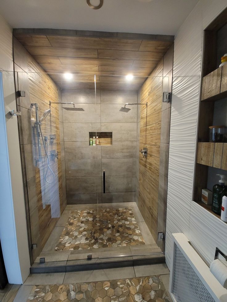 Master bath remodel using natural elements.  Concrete and wood Custom Shelves, Shower Bathroom, Small Closet, Upstairs Bathrooms, River House, House Remodel, Colonial House, Walk In Shower, Bathroom Shower