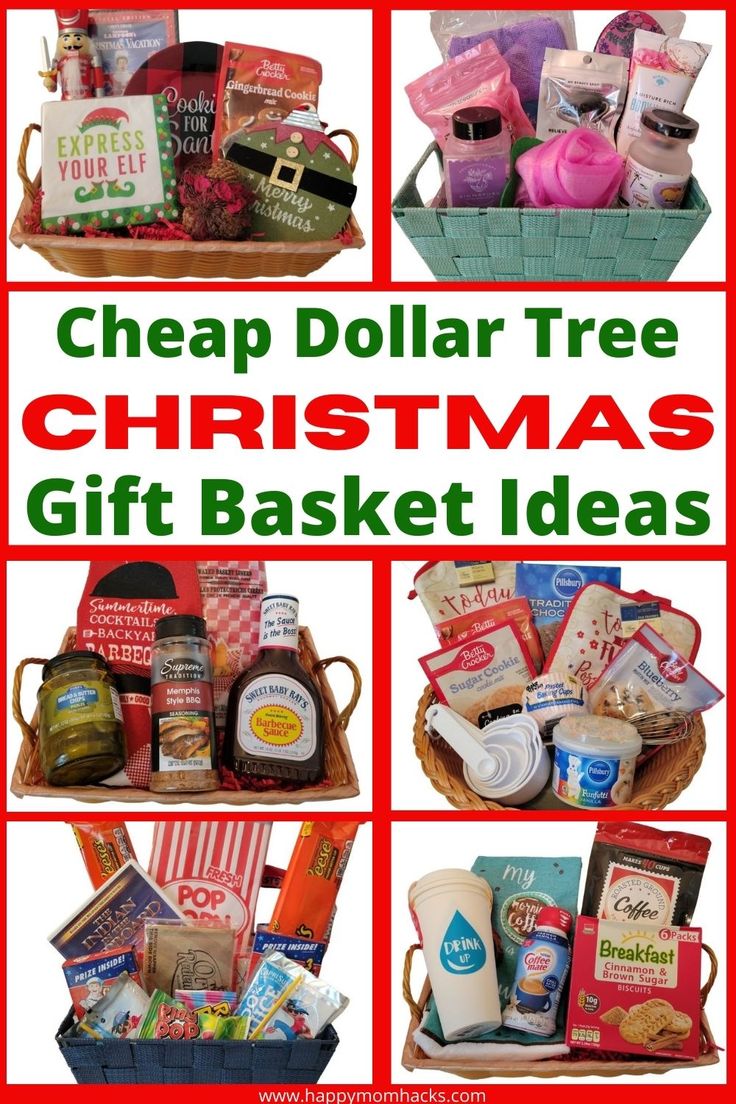 a collage of christmas gift baskets with the words cheap dollar tree christmas gift basket ideas