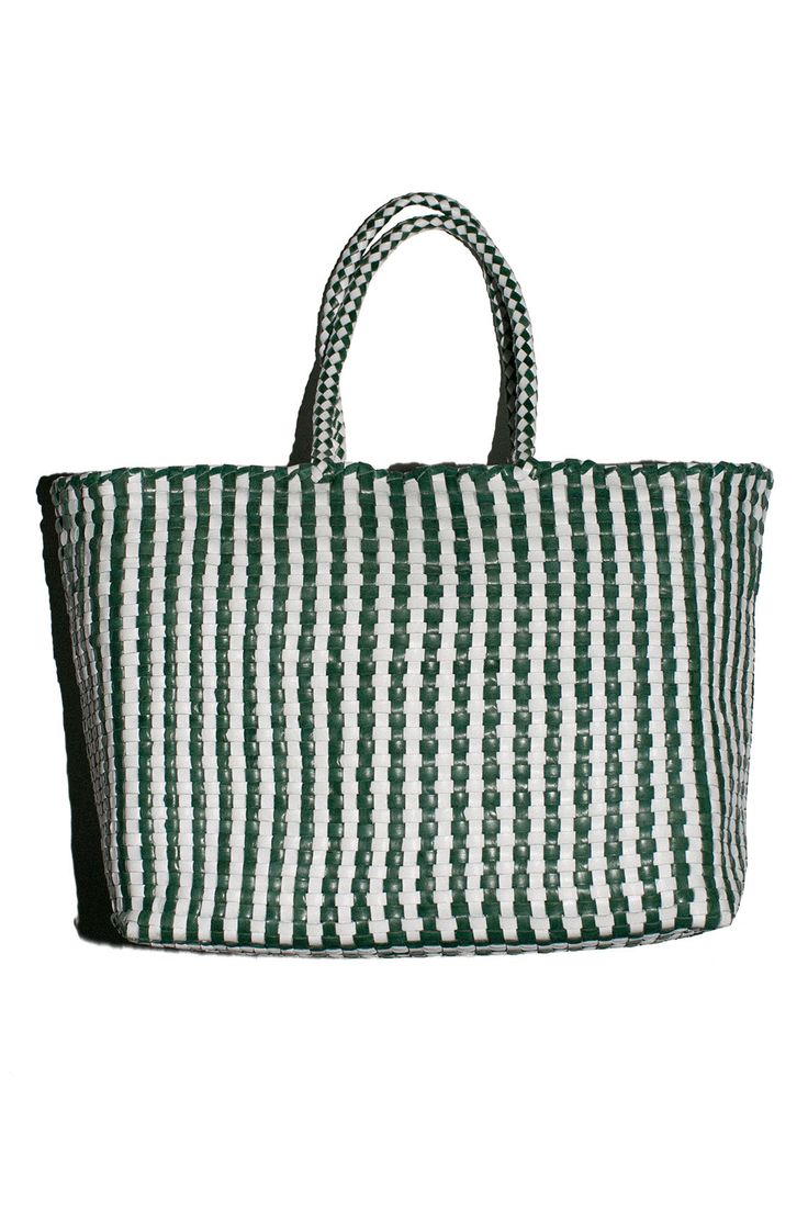 Emerald and white check woven leather tote with tonal woven handles. Tote measures W: 11.75 x D: 5.5" x 9.75" with a 7" Handle Drop. 100% Buffalo Leather. *Buffalo leather develops a beautiful patina by deepening in color over time. It is vulnerable to water stains and tonal changes from the sun. It is recommended to avoid contact with lighter fabrics, as vegetable dyes have the potential to transfer. White Rectangular Bag With Intrecciato Weave, White Woven Top Handle Bag, White Top Handle Bag With Intrecciato Weave, Modern White Bag With Intrecciato Weave, White Shoulder Bag With Rolled Handles For Errands, White Bags With Intrecciato Weave And Double Handle, White Double Handle Bags With Intrecciato Weave, White Handwoven Basket Shoulder Bag, White Double Handle Bag With Intrecciato Weave