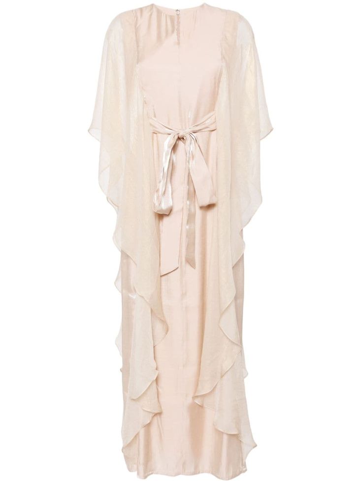 light beige cotton blend satin finish draped design ruffled trim V-neck front tie fastening concealed rear zip fastening contrasting-fabric sleeves three-quarter length sleeves straight hem ankle-length Elegant Evening Kaftan With Draped Sleeves, Elegant Draped Daywear Dresses, Elegant Maxi Dress With Tie Waist And Kimono Sleeves, Elegant Draped Kaftan With Draped Sleeves, Elegant Maxi Length Daywear Kaftan, Spring Evening Silk Kaftan, Elegant Kaftan For Summer Daywear, Elegant Summer Kaftan For Daywear, Elegant Daywear Dresses With Kimono Sleeves