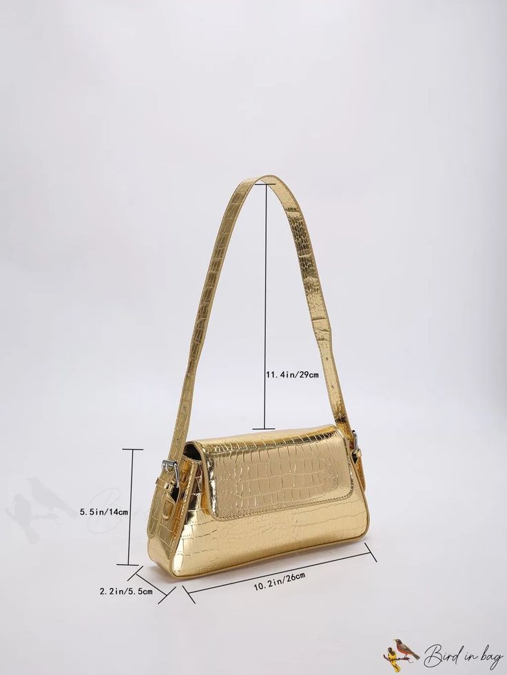 BirdinBag - Croc Print Metallic Baguette Purse Gold Rectangular Hobo Bag For Formal Occasions, Daily Use Baguette Bag With Gold-tone Hardware, Baguette Bag With Gold-tone Hardware For Shopping, Chic Gold Shoulder Baguette Bag, Chic Gold Baguette Bag With Adjustable Strap, Chic Gold Baguette Bag With Detachable Strap, Chic Gold Baguette Shoulder Bag, Trendy Gold Baguette Bag For Party, Trendy Rectangular Hobo Bag With Gold-tone Hardware