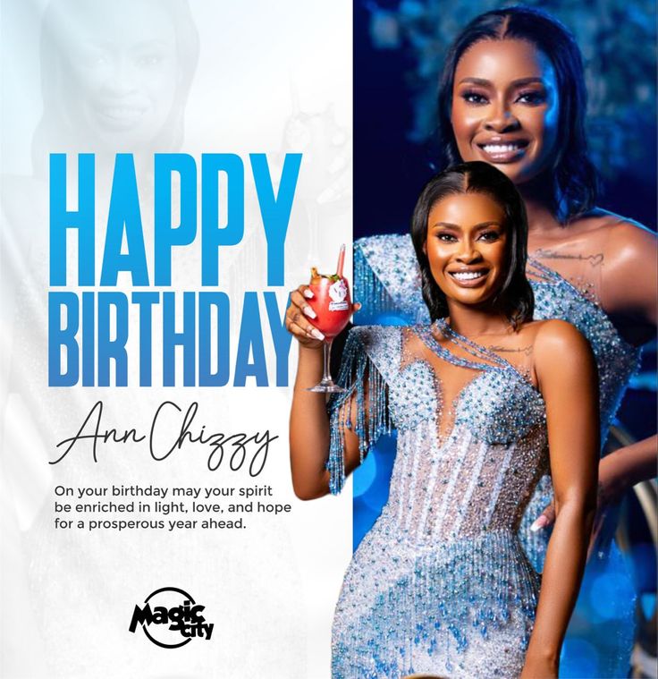 two beautiful women standing next to each other in front of a happy birthday card with an image of the same woman