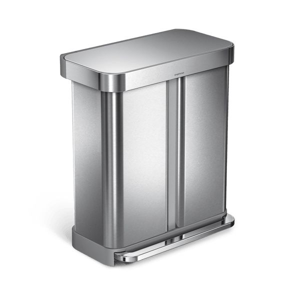 a stainless steel trash can on a white background with clippings to the side