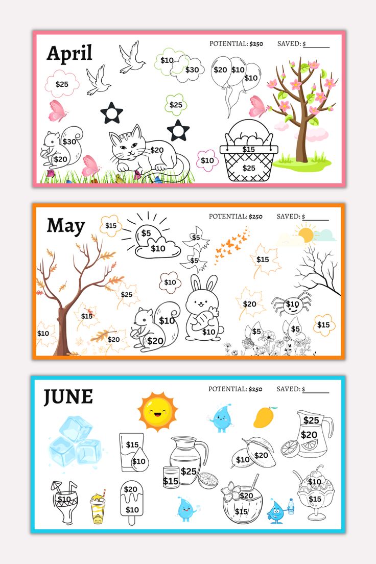 two horizontal banners with cartoon animals and trees for the month of may, june and july