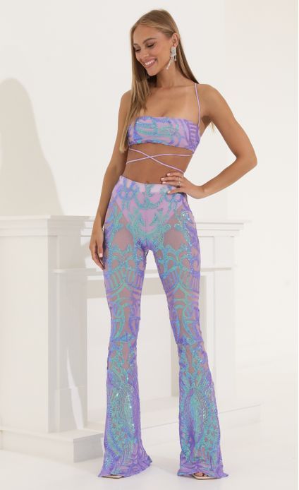 Pants > Peony Sequin Two Piece Set in Purple Iridescent Sequin Two Piece, Rave Outfits Edc, Rave Fits, Rave Babe, Festival Outfits Rave, Edc Outfits, Edm Outfits, Look Festival, Summer Festival Outfit