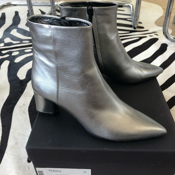 Theory Grey Metallic Leather Bootie 38 Leather Booties, Metallic Leather, Bootie, Bootie Boots, Ankle Boots, Women Shoes, Boots, Grey, Silver